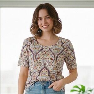 Talbots Women's Tee Short Sleeve Paisley Print Casual Top - Size SP‎